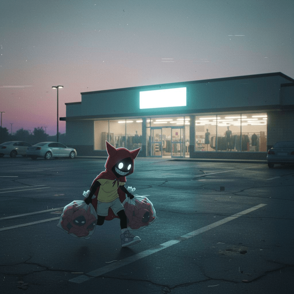 Carrying bags of red hoods to donate at a charity center like goodwill.png